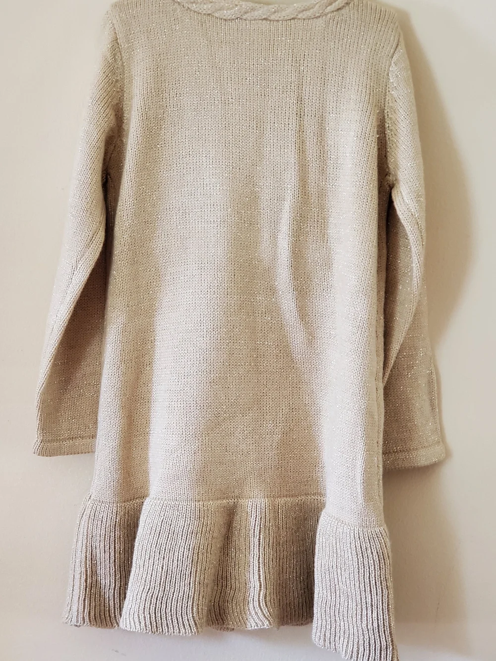 Gymboree Beige Cable Knit Ruffle Hem Dress With Gold-color Woven Through It